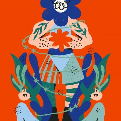 Ilustração de figura humana com cabeça de flor azul, plantas verdes e figuras azuis em fundo laranja