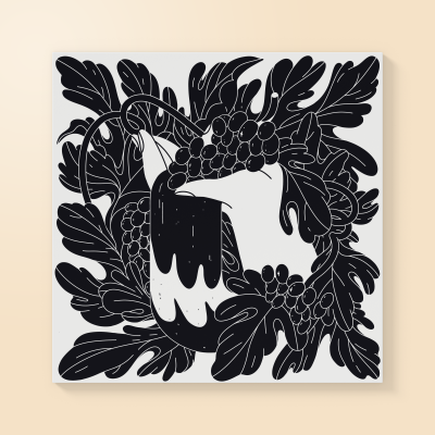 Ilustração de tucano em preto e branco rodeado por folhas e bagas