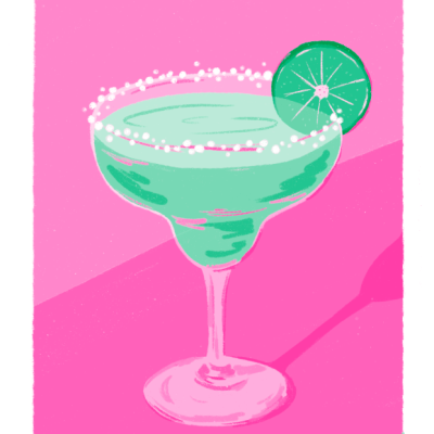 Ilustração de um copo de cocktail verde com sal e uma rodela de lima