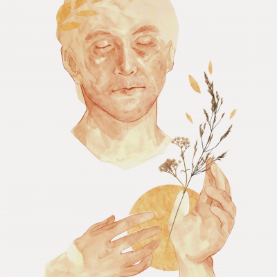 Ilustração em tons sépia de cabeça e mãos segurando plantas secas com elementos dourados