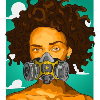 Pessoa com máscara de proteção de gás cinza e amarelo sobre fundo verde com nuvens