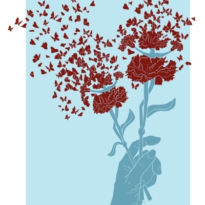 Ilustração de mão azul com cravos vermelhos transformando-se em borboletas em fundo azul.