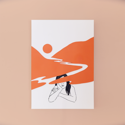 Cartaz com ilustração minimalista de mulher e paisagem abstrata em tons de laranja