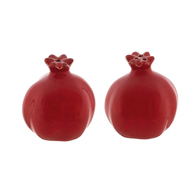 Conjunto de saleiro e pimenteiro em forma de romã vermelha em cerâmica