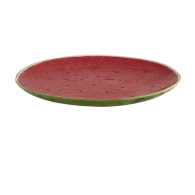 Prato redondo vermelho com pontos pretos e borda verde, estilo melancia