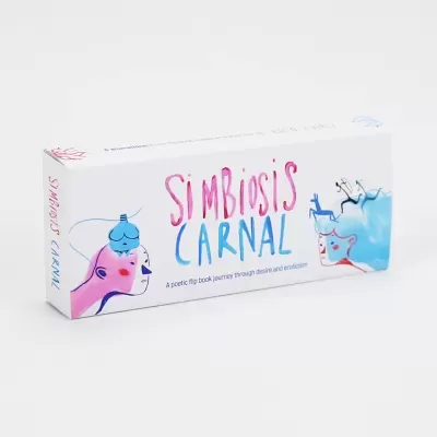 Embalagem branca com ilustrações coloridas e texto Simbiosis Carnal