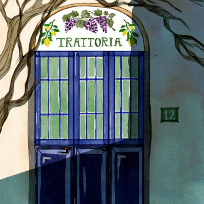 Porta azul com vidro, placa TRATTORIA e número 12