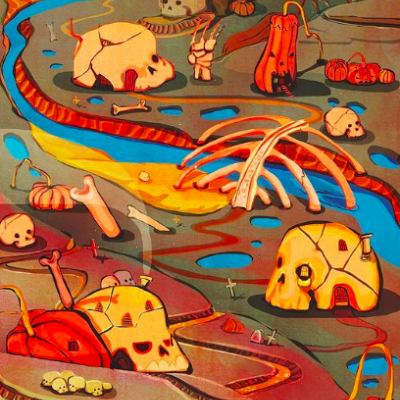 Ilustração de casas caveira coloridas com ossos e abóboras ao lado de um rio azul.