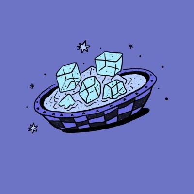 Ilustração de prato com cubos de gelo em fundo roxo