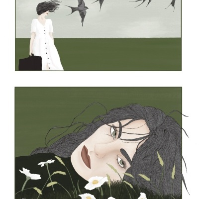 Ilustração de mulher com vestido branco e andorinhas a voar, e retrato feminino com flores brancas