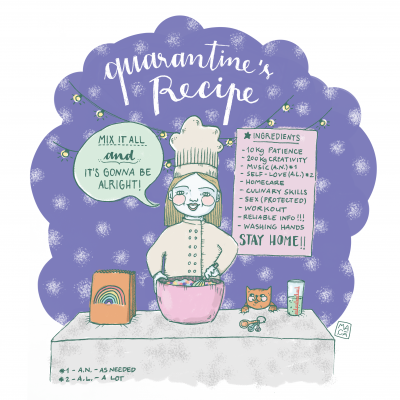 Ilustração de uma pessoa a cozinhar com ingredientes listados para o confinamento.