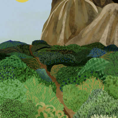 Ilustração digital de paisagem natural com vegetação, montanhas e sol