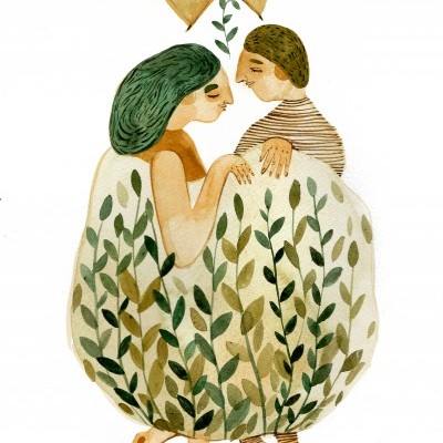 Ilustração de duas pessoas abraçadas com roupas florais e um telhado acima