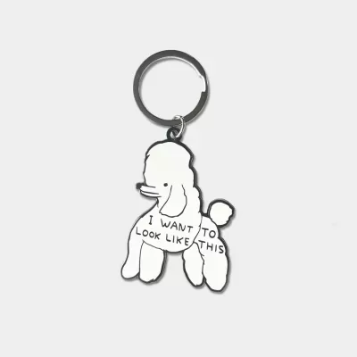 Porta-chaves de poodle branco com texto I WANT TO LOOK LIKE THIS
