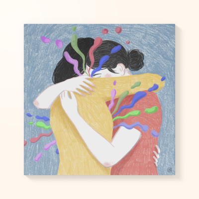 Ilustração de duas pessoas a abraçarem-se com formas coloridas a sair do abraço sobre fundo azul