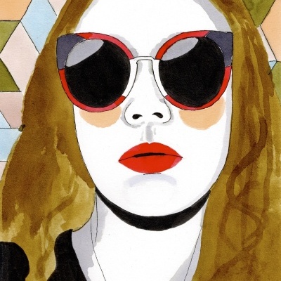 Desenho de mulher com óculos de sol vermelhos e cabelo castanho em fundo colorido geométrico