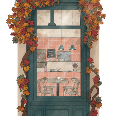 Janela de madeira verde escuro com folhas de outono, mostrando interior de cafetaria com azulejos rosa e mesa