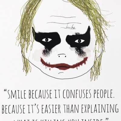 Desenho digital da cara de personagem com maquilhagem preta e frase em inglês no fundo branco.