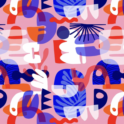 Padrão abstrato colorido com formas geométricas e orgânicas em azul, vermelho, branco, laranja e rosa.