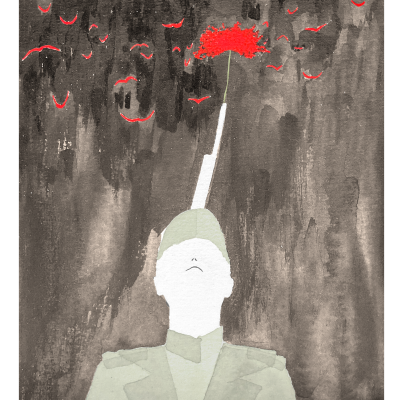 Desenho de soldado em uniforme cinzento com ramo vermelho no capacete