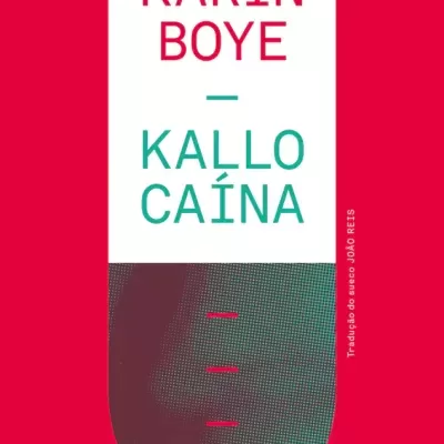 Capa de livro 'KARIN BOYE - KALLO CAÍNA' sobre fundo vermelho com design de recipiente transparente.