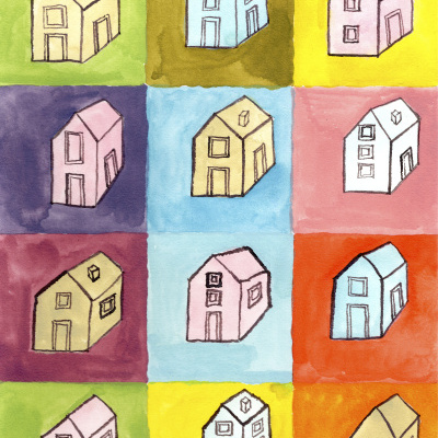 Padrão de casas desenhadas à mão em aquarela com fundos coloridos