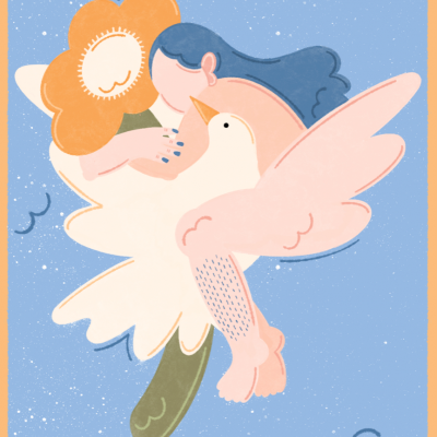 Ilustração de pessoa com cabelo azul abraçando ave branca e flor laranja no fundo azul.