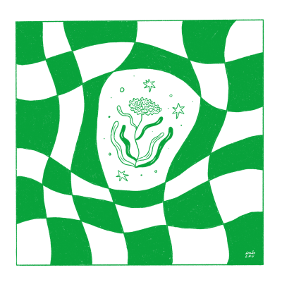 Padrão ondulado verde e branco com desenho de flor e estrelas no centro