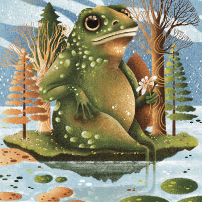 Ilustração digital de um sapo verde segurando uma flor numa ilha com árvores e água