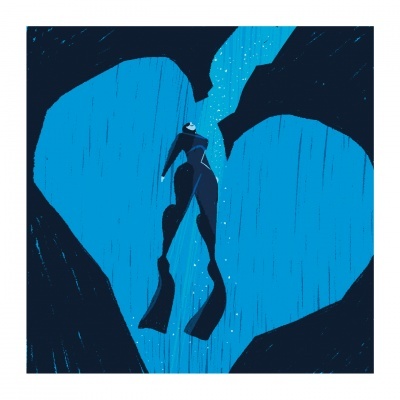 Ilustração digital de mulher mergulhadora a nadar num coração azul subaquático.