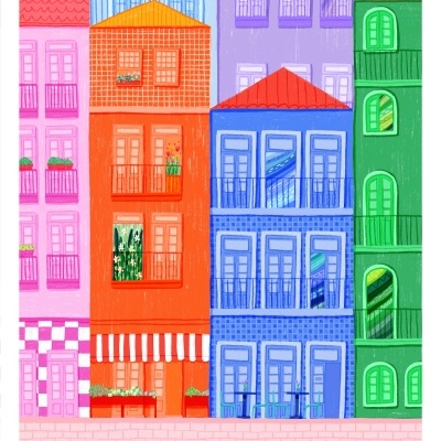 Ilustração colorida de prédios e varandas ao lado de um rio