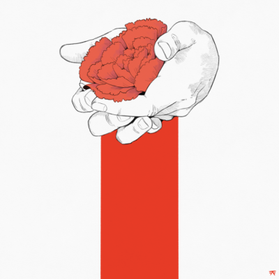 Desenho de mão segurando uma flor vermelha acima de um bloco vermelho