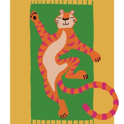 Ilustração de um tigre sentado num tapete verde