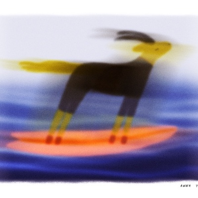 Figura desfocada de um cão amarelo e preto sobre prancha laranja na água azul