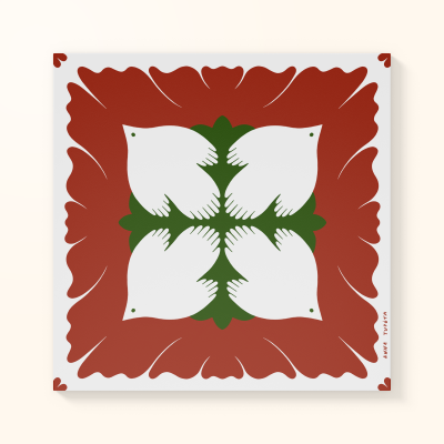 Ilustração com animais brancos e padrão vermelho e verde