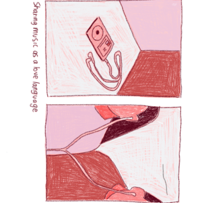 Desenho de leitor de música e pessoas com auscultadores ligados, texto ao lado.