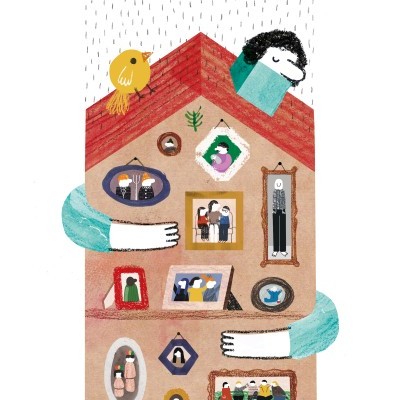 Casa ilustrada com fotos em molduras e figura humana abraçando