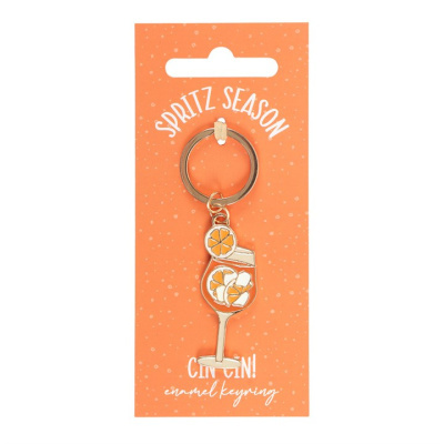 Porta-chaves em esmalte com design de cocktail e fundo laranja com texto