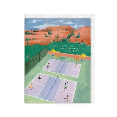 Postal ilustrado com campos de ténis, jogadores e texto de aniversário.