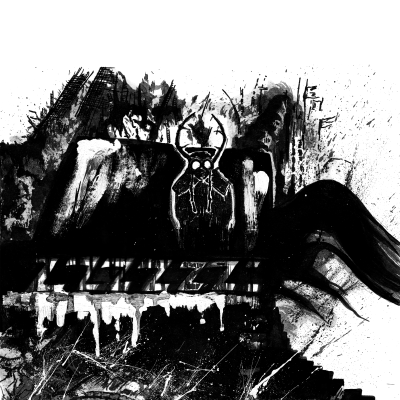 Ilustração artística a preto e branco de uma figura com chifres no centro e texturas abstratas