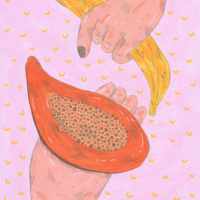 Ilustração de mãos segurando papaia e banana com fundo rosa e desenhos amarelos