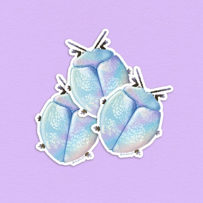 Três autocolantes de escaravelhos azuis com efeito iridescente sobre fundo lilás