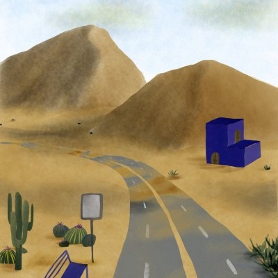 Estrada cinzenta com banco e casa azul em cenário desértico