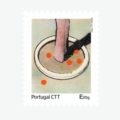 Selo postal com ilustração de perna na tigela com bolas laranjas e texto Portugal CTT E20g.