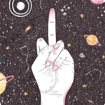 Desenho de mão com dedo médio estendido num fundo espacial com estrelas e planetas