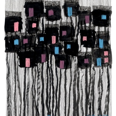 Tecido decorativo com padrão geométrico em preto, rosa e azul sobre fundo branco