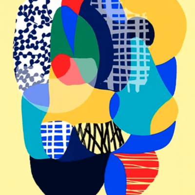 Imagem abstrata colorida com formas ovais e padrões variados em fundo amarelo