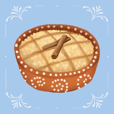 Doce amarelo claro em prato de barro decorado com paus de canela e fundo azul