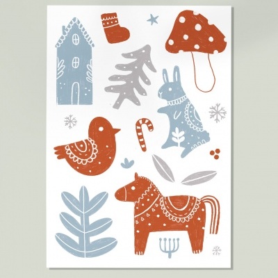 Cartaz com desenhos decorativos em azul e vermelho sobre fundo branco