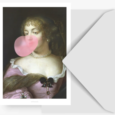 Poster de mulher antiga maquiagem chiclete rosa com envelope branco aberto